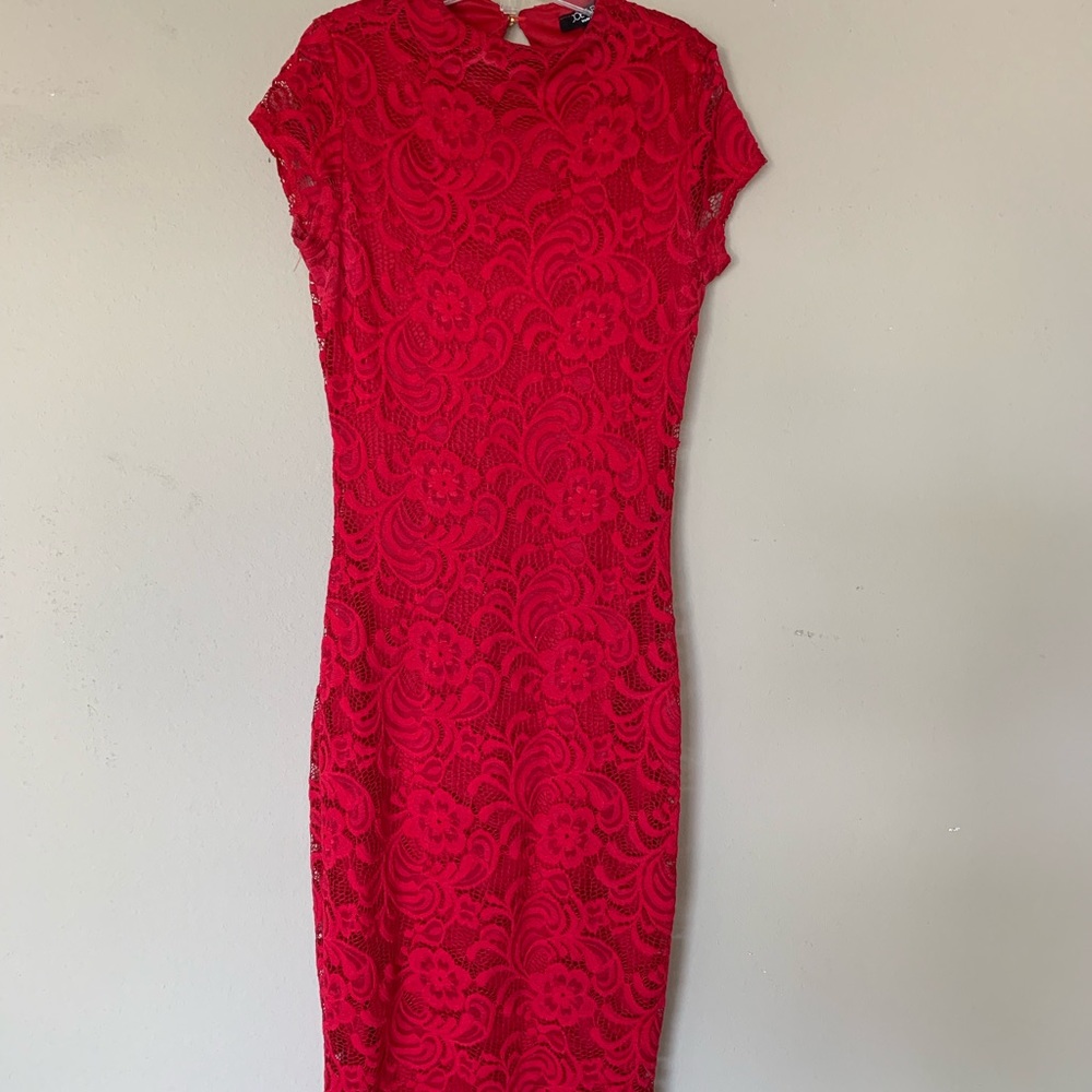 Red lace dress.